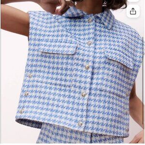 Zara Blue White Tweed Houndstooth Cropped Vest Jacket